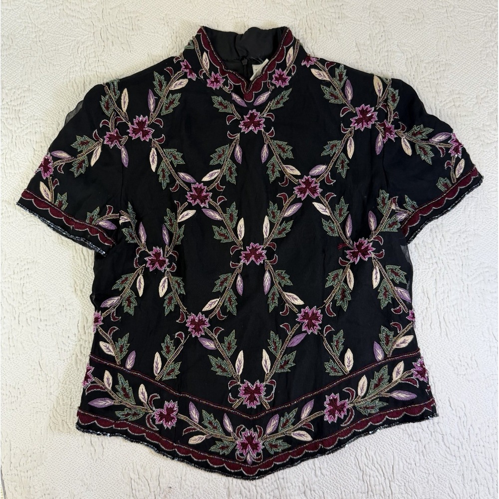PAPELL BOUTIQUE EVENING BEADED BLOUSE WOMEN'S PL 100% SILK VINTAGE FLORAL‎